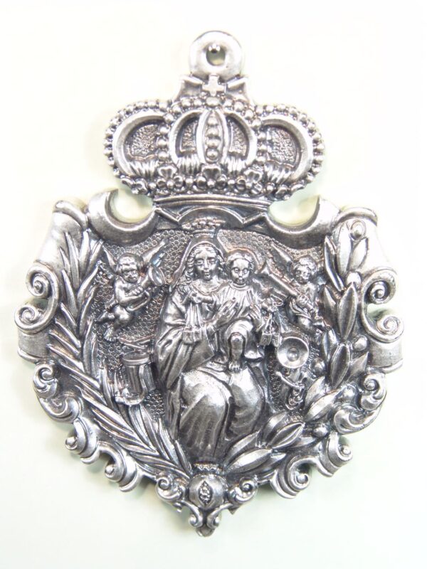MEDALLAS RELIGIOSAS IMÁGENES RELIEVE "VIRGEN DEL CARMEN PALMAS Y OLIVO CON QUERUBINES MUSICALES 80 MM"