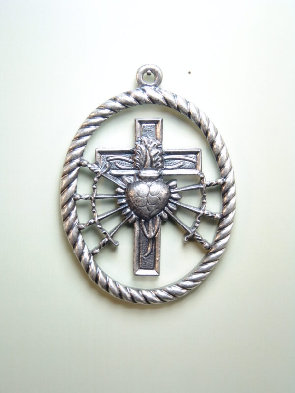 MEDALLAS RELIGIOSAS HERÁLDICAS RELIEVE "CORAZON CON 7 PUÑALES DE DOLOR SOBRE CRUZ LATINA ORLA CORDON OVALADA 70 MM"