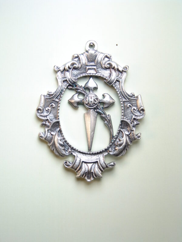 MEDALLAS RELIGIOSAS HERÁLDICAS RELIEVE "CRUZ DE SANTIAGO CRUZADA CON PALMA Y ORLA PERGAMINO 70 MM"