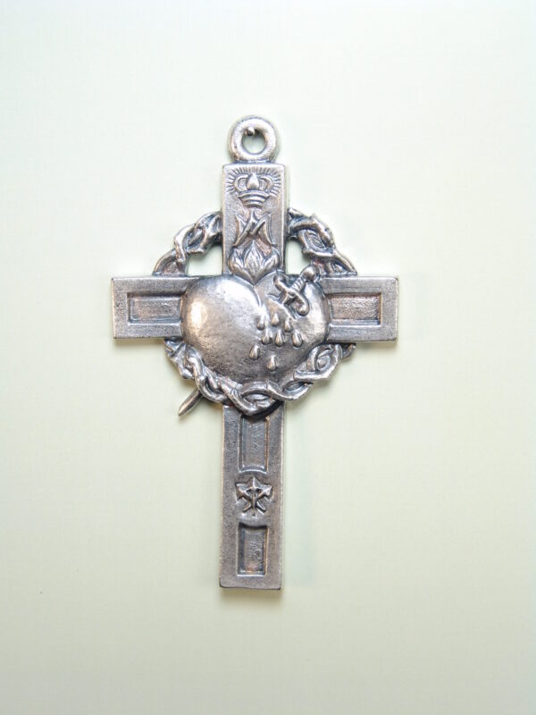 MEDALLAS RELIGIOSAS HERÁLDICAS RELIEVE "CORAZON DE DOLOR SOBRE CRUZ LATINA ENRELAZADA DE CORONA DE ESPINAS 75 MM"