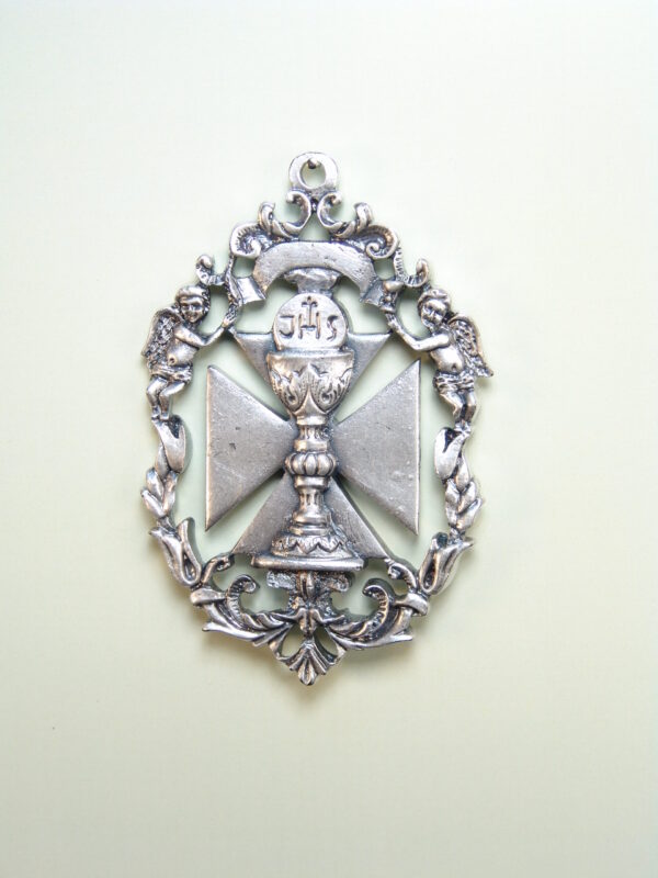 MEDALLAS RELIGIOSAS HERÁLDICAS RELIEVE "CALIZ SACRAMENTAL SOBRE CRUZ DE MALTA ORLA BARROCA CALADA 70 MM"
