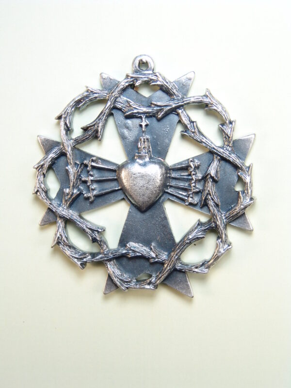MEDALLAS RELIGIOSAS HERÁLDICAS RELIEVE "CORAZON CON 7 PUÑALES CRUZ DE MALTA Y CORONA DE ESPINAS 70 MM"