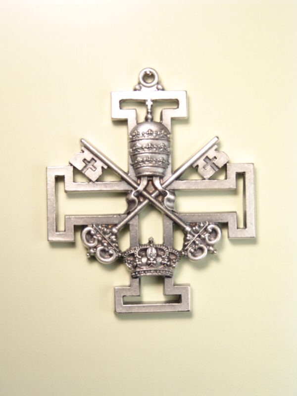 MEDALLAS RELIGIOSAS HERÁLDICAS RELIEVE "SÍMBOLO PONTIFICIO Y ATRIBUTO REAL SOBRE CRUZ GRIEGA POTENZADA CALADA 70 MM"