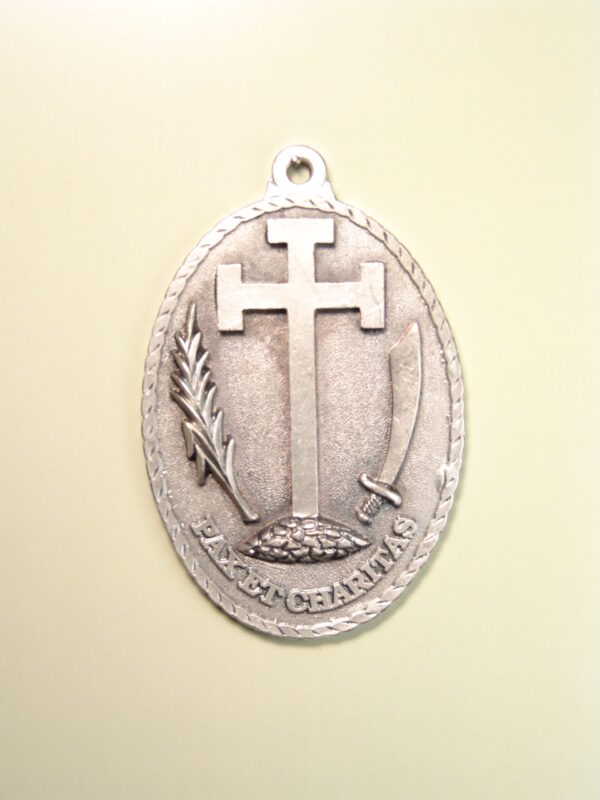 MEDALLAS RELIGIOSAS HERÁLDICAS RELIEVE "SANTA CRUZ LATINA POTENZADA CON HOJA DE PALMA Y SABLE ARQUEADO A DIESTRA Y SINIESTRA SOBRE MONTE CALVARIO 70 MM"