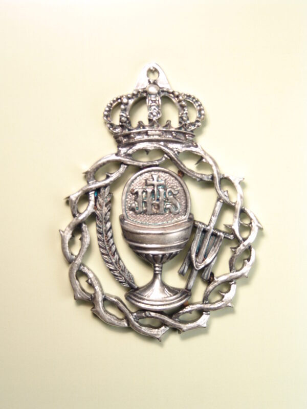 MEDALLAS RELIGIOSAS HERÁLDICAS RELIEVE "SAGRADA FORMA CON ESPIGAS Y CRUZ CON SUDARIO ORLEADO POR CORONA DE ESPINAS 80 MM"