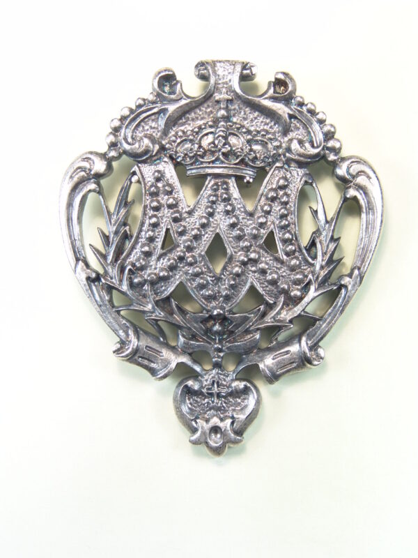 MEDALLAS RELIGIOSAS HERÁLDICAS RELIEVE "AVE MARIA CON ROSARIOS CORONADA Y ORLADA DE PALMAS Y ROELAS BARROCAS 75 MM"