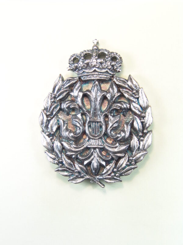 MEDALLAS RELIGIOSAS HERÁLDICAS RELIEVE "AVE MARIA FLOREADA CON LIRA Y ORLA DE LAUREL CORONADA 60 MM"