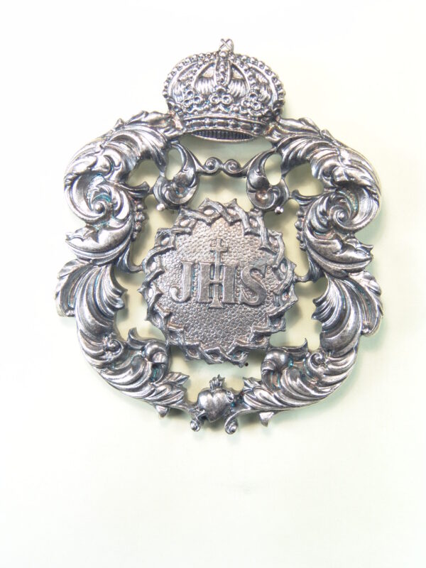 MEDALLAS RELIGIOSAS HERÁLDICAS RELIEVE "JESUS HOMBRE SALVADOR ORLADO CON OJA DE ACANTO Y TIMBRADAD DE CORONA 75 MM"