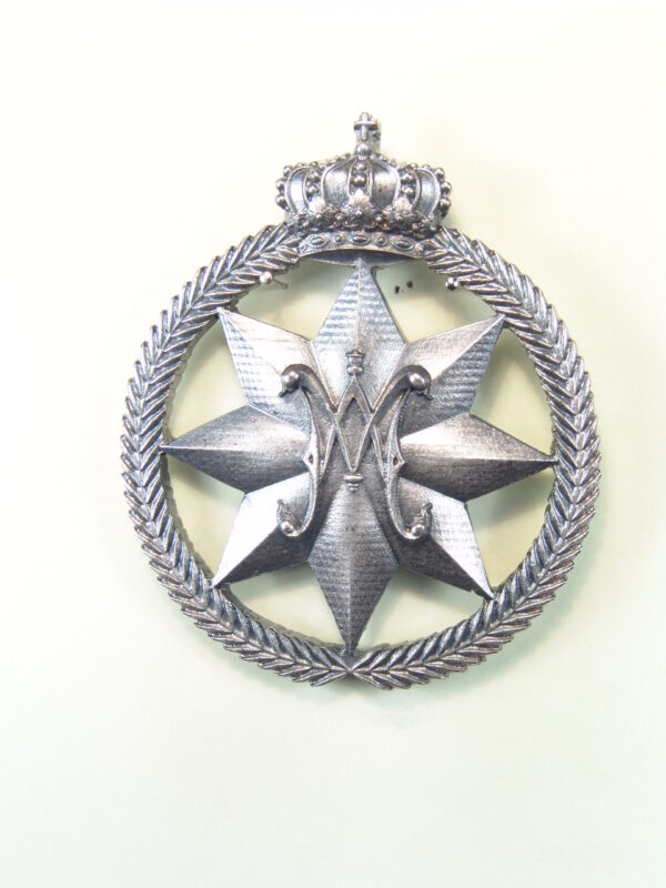 MEDALLAS RELIGIOSAS HERÁLDICAS RELIEVE "AVE MARIA SOBRE ESTRELLA DE 8 PUNTAS ORLADA DE PALMAS CIRCULAR Y TIMBRADA CON CORONA REAL 65 MM"
