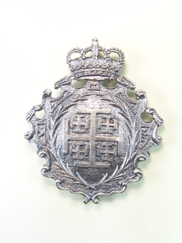 MEDALLAS RELIGIOSAS HERÁLDICAS RELIEVE "SANTA CRUZ DE JERUSALEN SOBRE PALMAS Y PERGAMINO MACIZO  TIMBRADO DE CORONA REAL 70 MM"