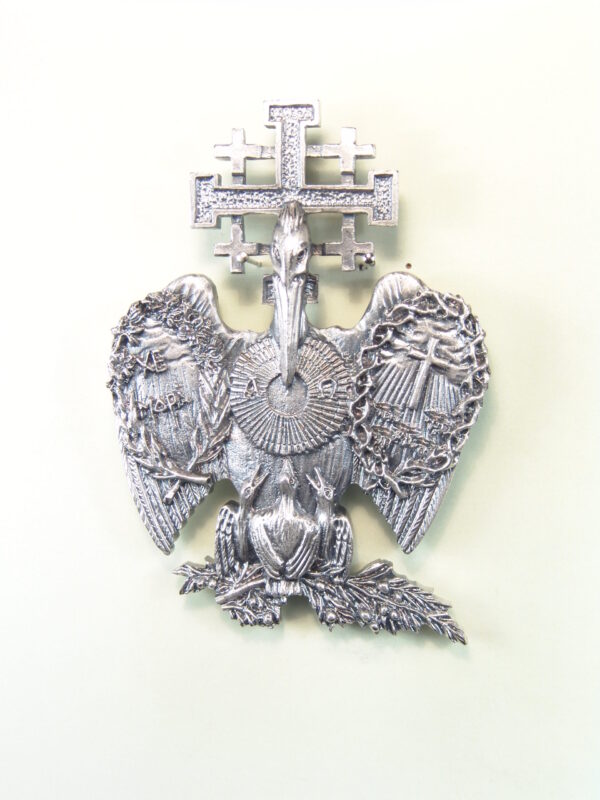 MEDALLAS RELIGIOSAS HERÁLDICAS RELIEVE "PELICANO CRISTIFERO SIMBOLO DE JESUCRISTO SOBRE CRUZ DEL SANTO SEPULCRO 70 MM"